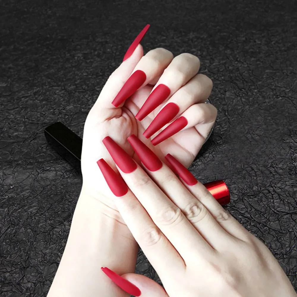 24Pcs Detachable False Nails Long Ballerina Artificial Fake Nails Full Cover Jelly Red Coffin Nail Tips DIY Manicure Tool 515-Nail Inspo