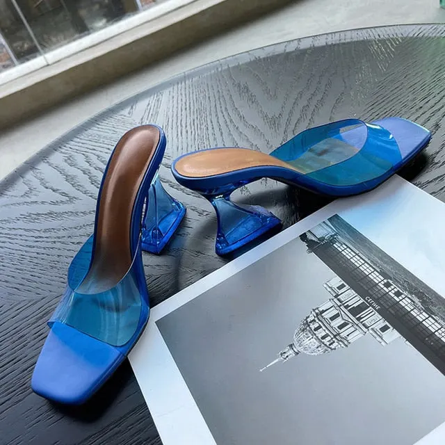 Fashion Clear Heels Slippers Female Mules Slides Summer Transparent Sandals Women Open Toe Orange Red PVC Jelly Shoes Size 35-42