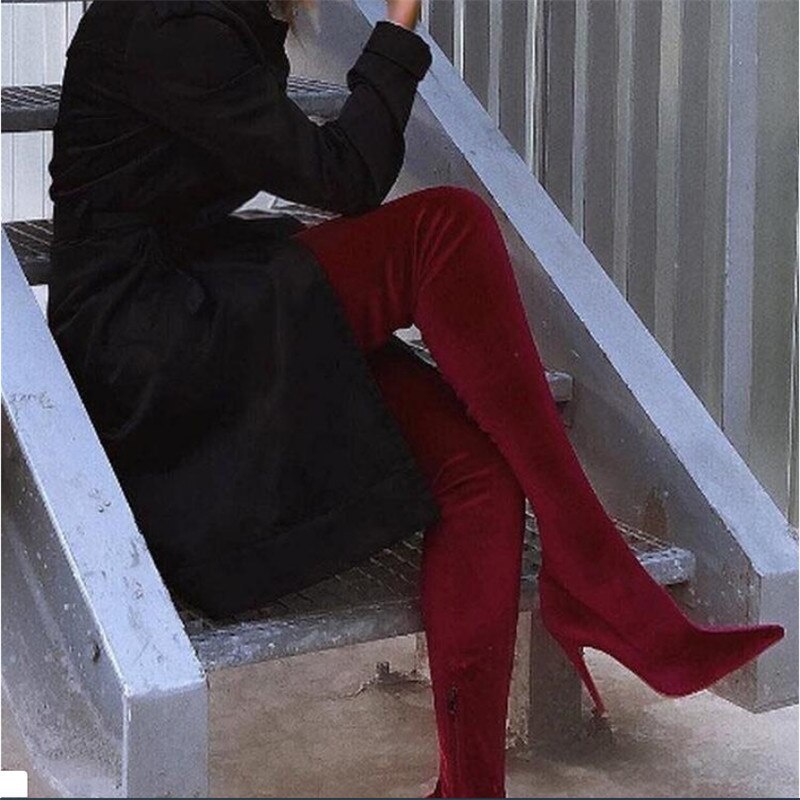 GOOSHOE Thigh High Boots Women Soft Stretch Slim Long Over-the-Knee Boot High Heels Pointed Toe Shoes