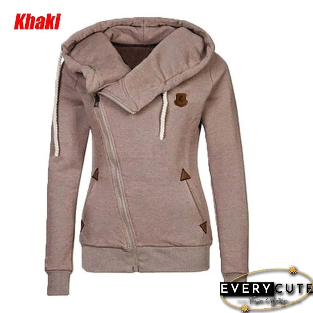New Fashion Winter Woman Sports Personality Side Zipper Hooded Sweatshirt Candy Colored Sweater Coat