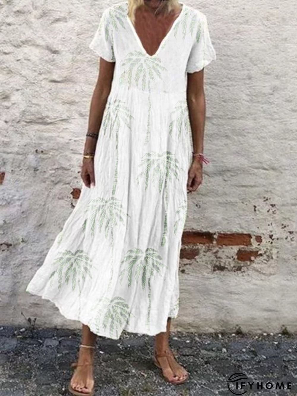 Women Short Sleeve V Neck Vintage Plant Floral Casual Weaving Dress | IFYHOME