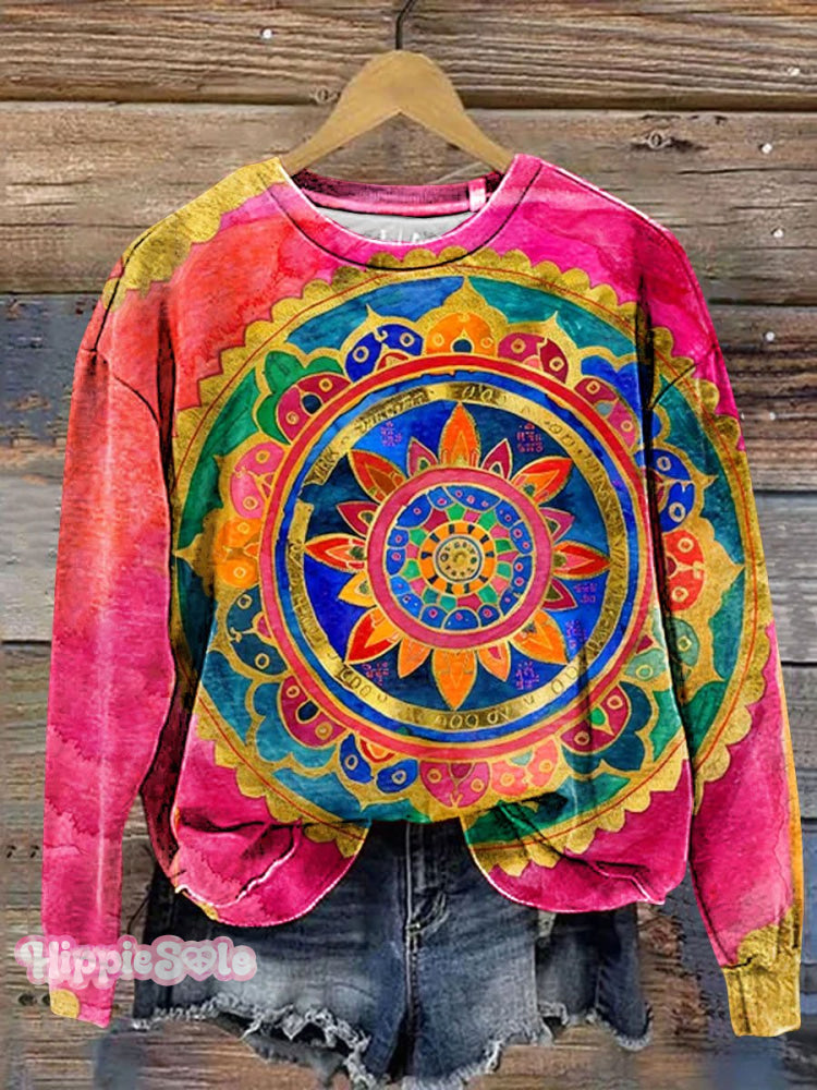 Vintage Bohemian Floral Art Print Casual Sweatshirt Multicolor / S