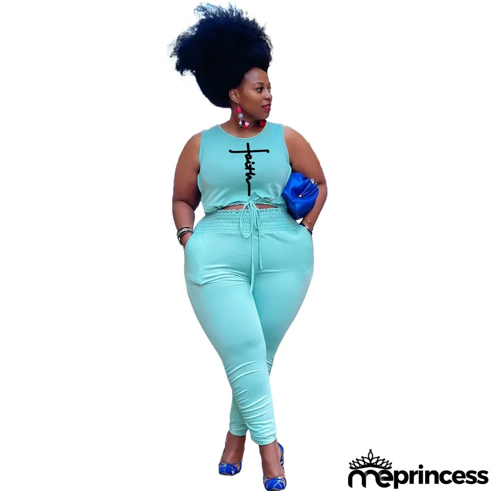 Women's Fashion Spring Summer Letter Print Tank Top Pants Casual Sport Plus Size Two-Piece Set