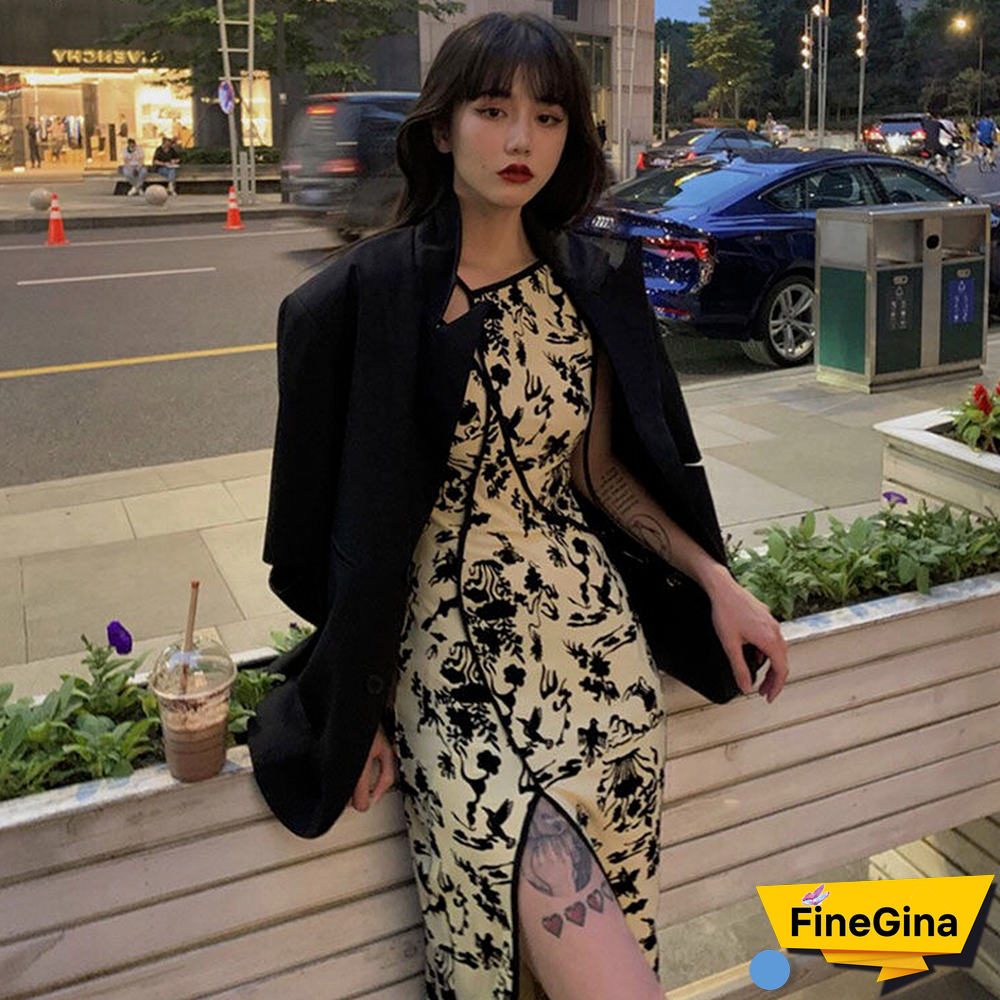Dresses Women Asymmetrical Fashion Streetwear Summer Side-Slit Design Mid-Calf Print Causal Retro Harajuku Basic Female Elegant