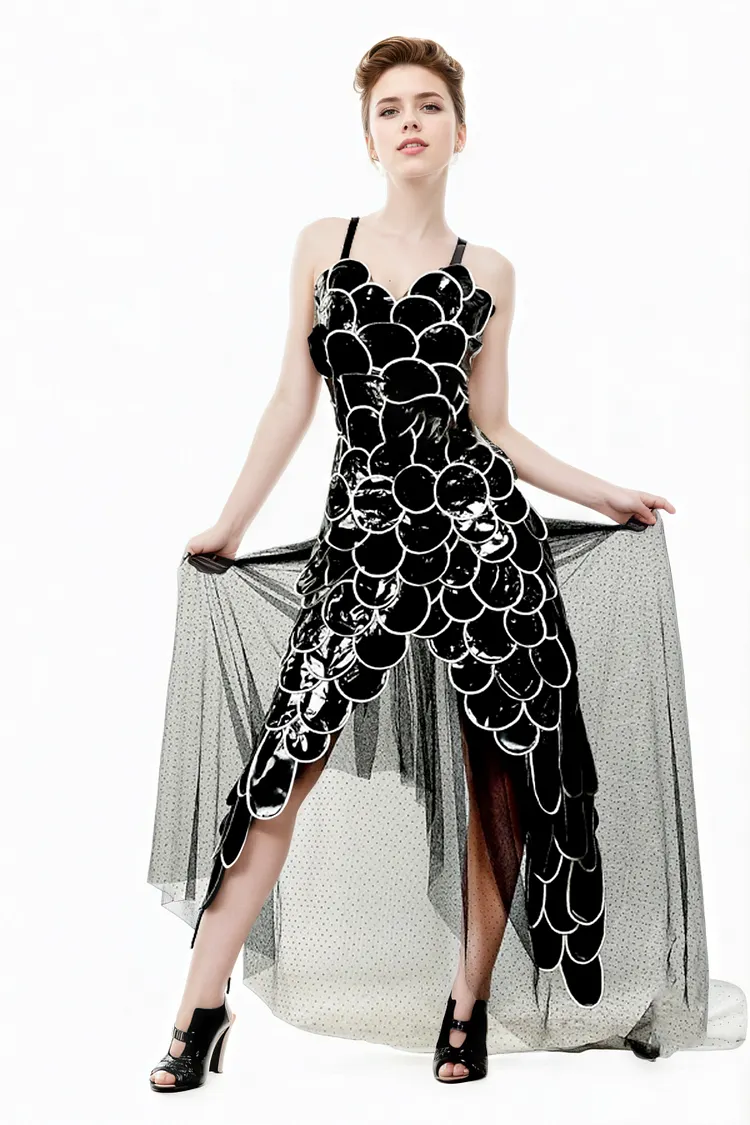 Women Latex Dress Limbonic Limbo Sexy Shiny Black & White Dress with Petal Layers
