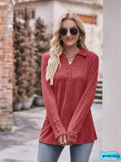 Decorative Button Johnny Collar Long Sleeve Blouse