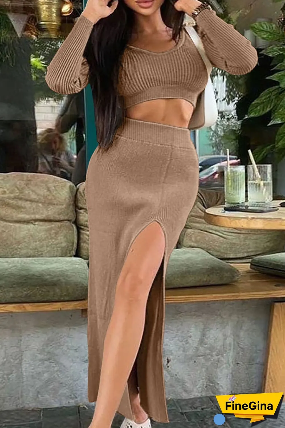 White Sexy Solid Patchwork Slit U Neck Long Sleeve Two Pieces