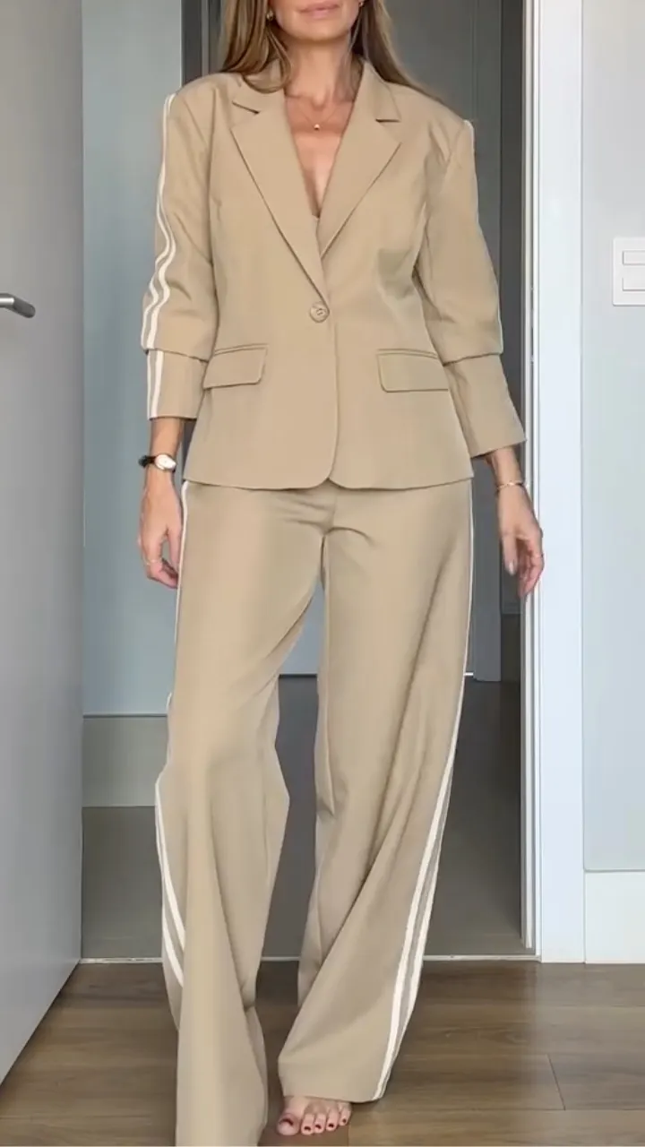 Khaki Striped Blazer Pants Set