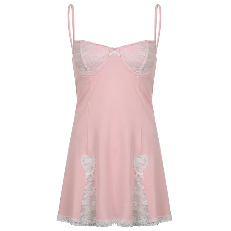 Rapcopter Y2K Lace Frill Mini Dress Bow Cute Sweet Strap Dress Women Vintage Drawstring Backless Party Short Sundress Aesthetic