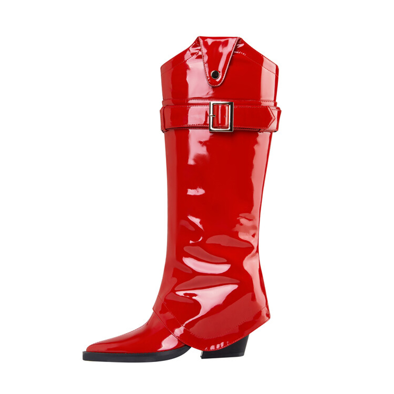 GOOSHOE Cow Boy Women Red Patent Knee High Boots 75cm Chunky Heels Overlay Booties Buckles Pants Shoes