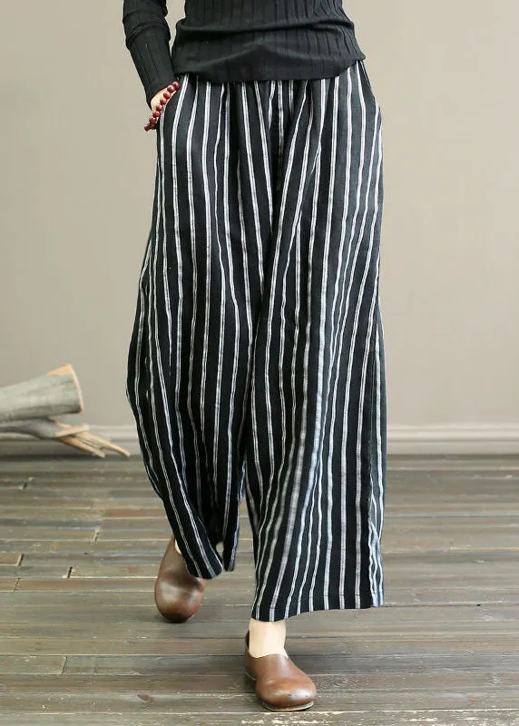 Black Striped Linen Wide Leg Pants Elastic Waist Oversized