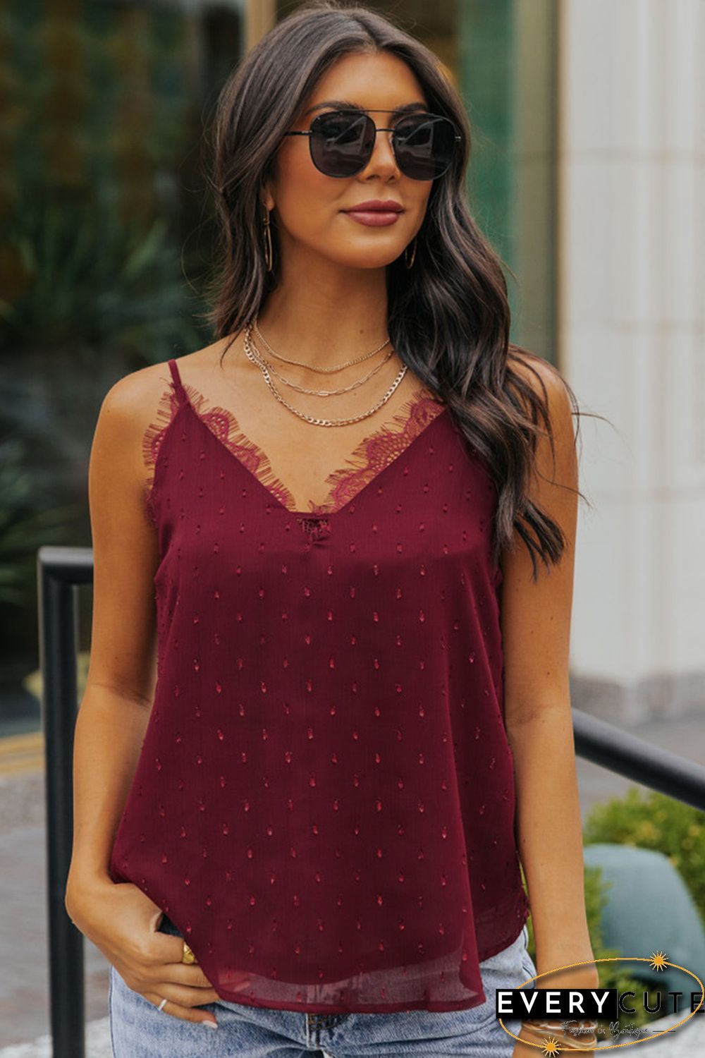 Red Eyelash Lace Trim Textured Cami Top