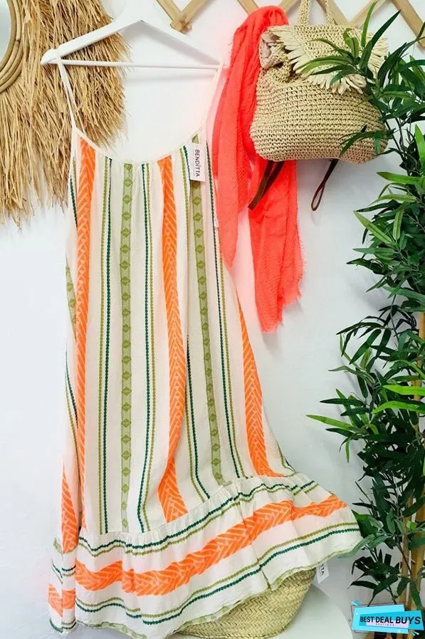 Happy Sunday Linen Blend Ethnic Print A-line Cami Maxi Dress