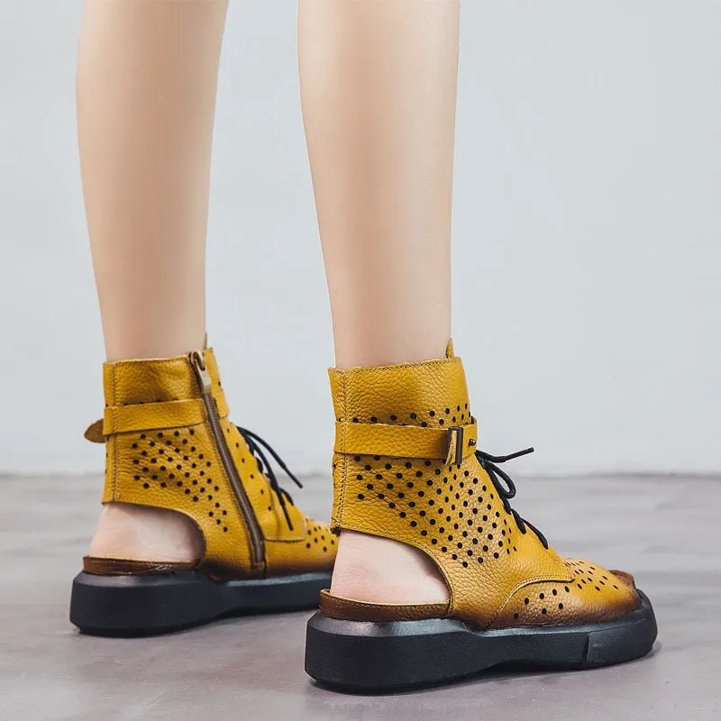 GKTINOO 2022 Fashion Ladies Sandals Hollow-Out Gladiator Sandals Women Flat Shoes Open Toe Genuine Leather Summer Cool Boots