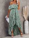 Printed Irregular Clipping Off-The-Shoulder Maxi Dress