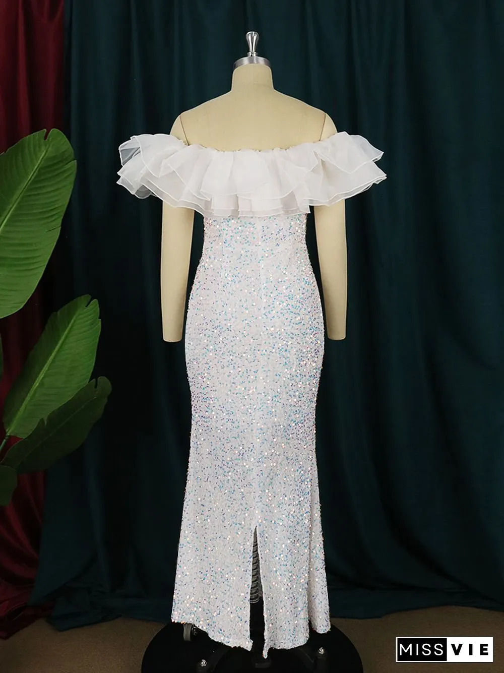 White Sequin Dresses Off Shoulder Ruffles Sparkly Velvet Dress Classy Spring Summer Party Evening Celebrity Event Outfits 3XL