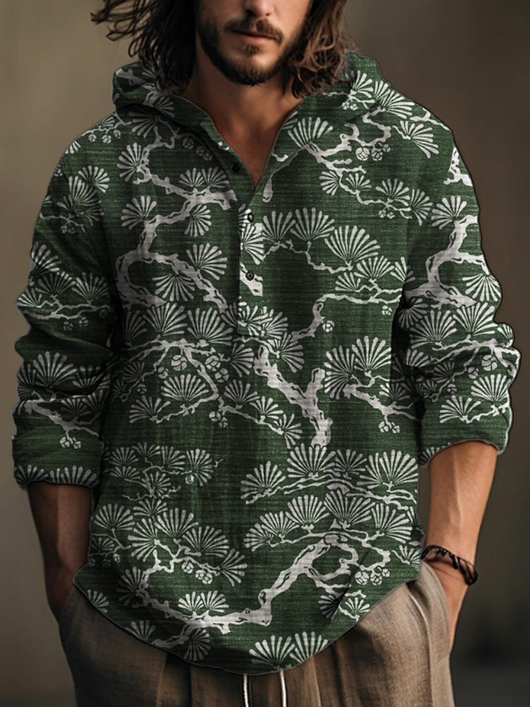 Pine Trees Japanese Lino Art Linen Blend Hooded Shirt  artssus