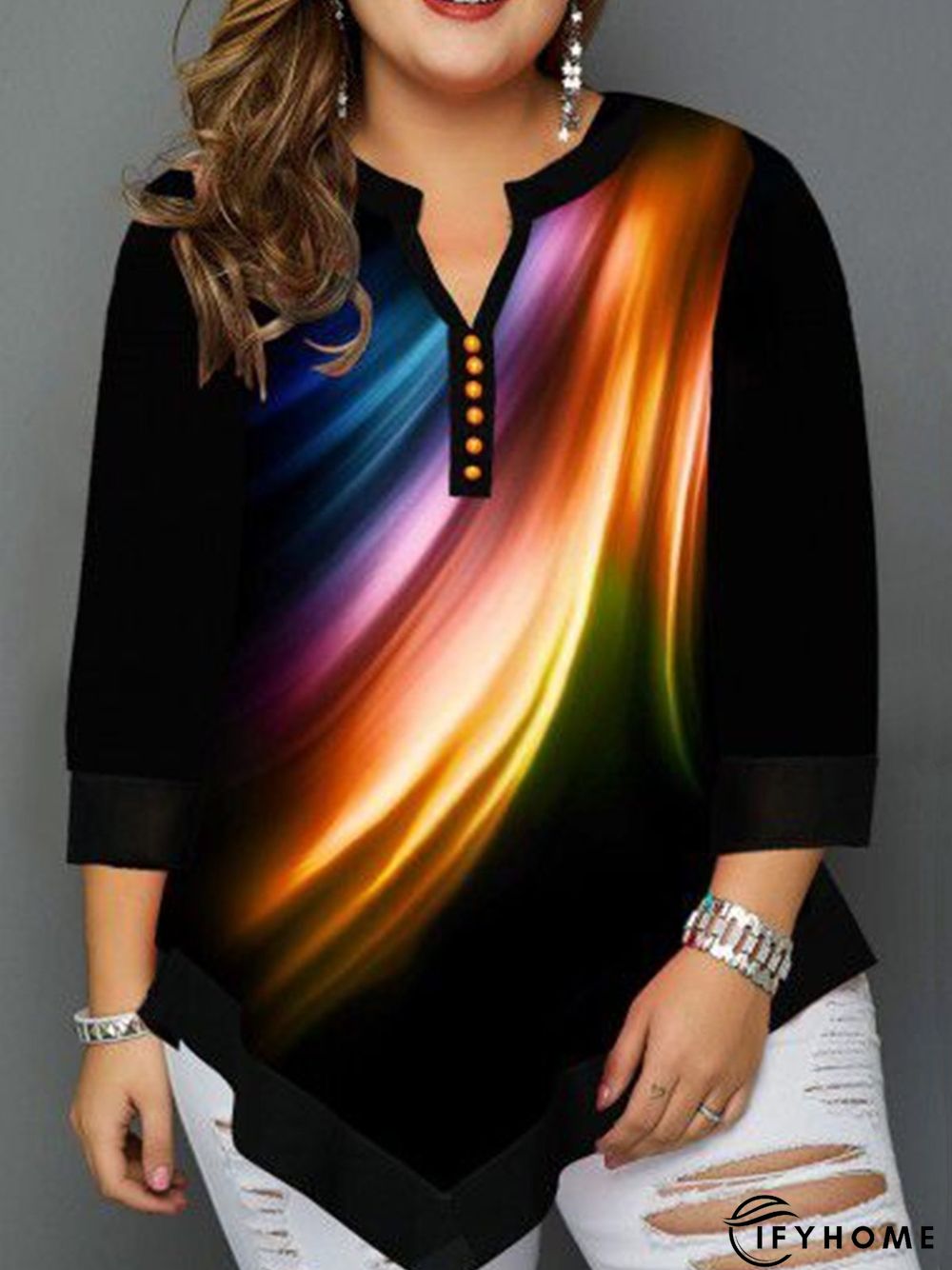 Plus Size Abstract Half Open Collar Casual Top | IFYHOME