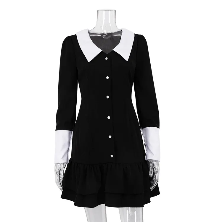 Churchf Churchf Wind 2023 Spring And Autumn New French Little Black Dress Fashion Color Lapel Show Thin Wrap Hip Dress Women