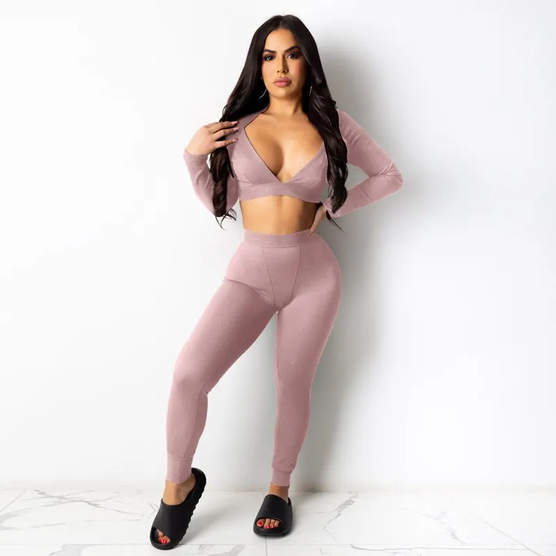 Hugcitar 2020 Long Sleeve Solid V-Neck Backless Skinny Tshirt Leggings 2 Piece Set Autumn Winter Women Sexy Streetwear Tracksuit