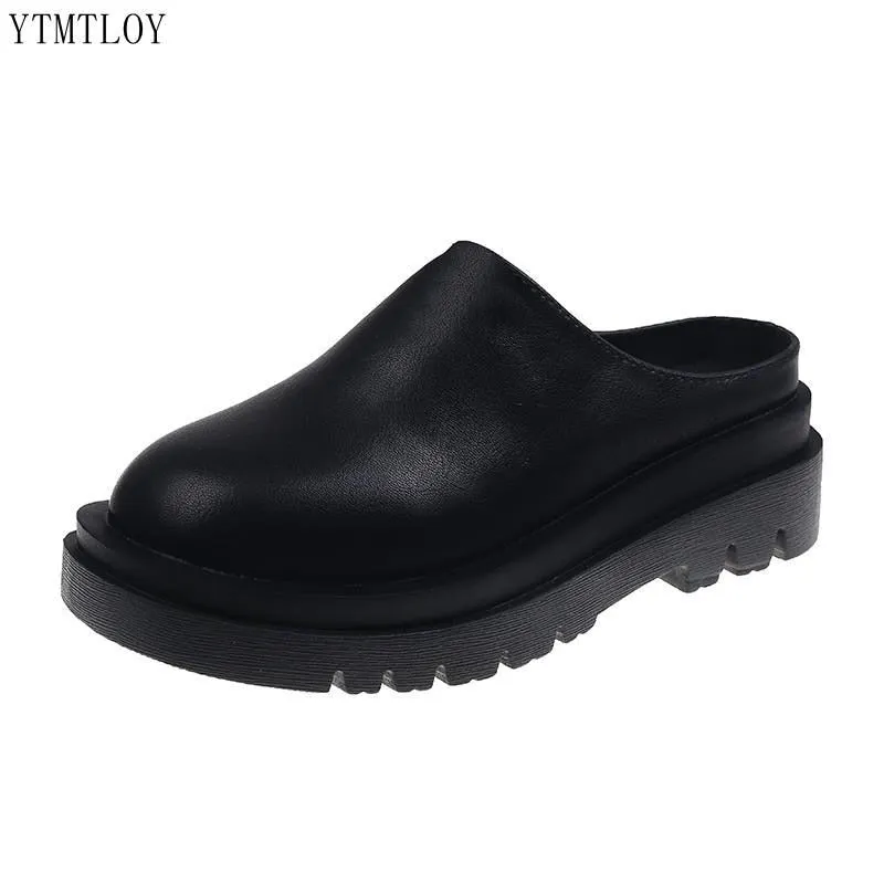 Women Slippers 2021 Summer Fashion Closed Toe Leather Shoes Loafers High Platform Black Heels Mules Ytmtloy Wedges Indoor
