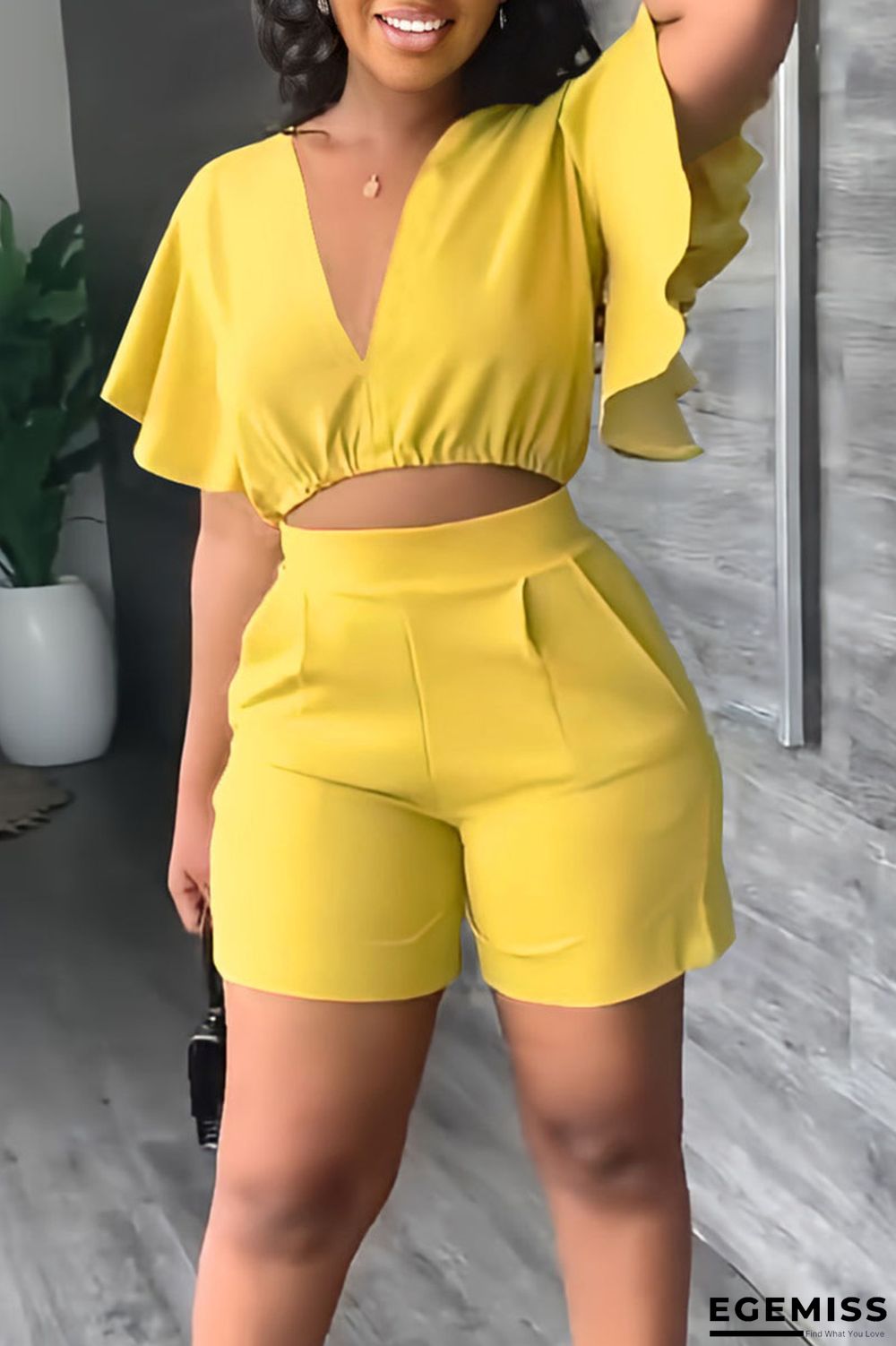 Yellow Casual Solid Patchwork Flounce V Neck Short Sleeve Two Pieces | EGEMISS
