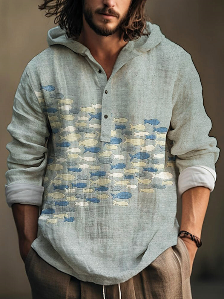 Ocean Fish Print Linen Hooded Long Sleeve Shirt  artssus