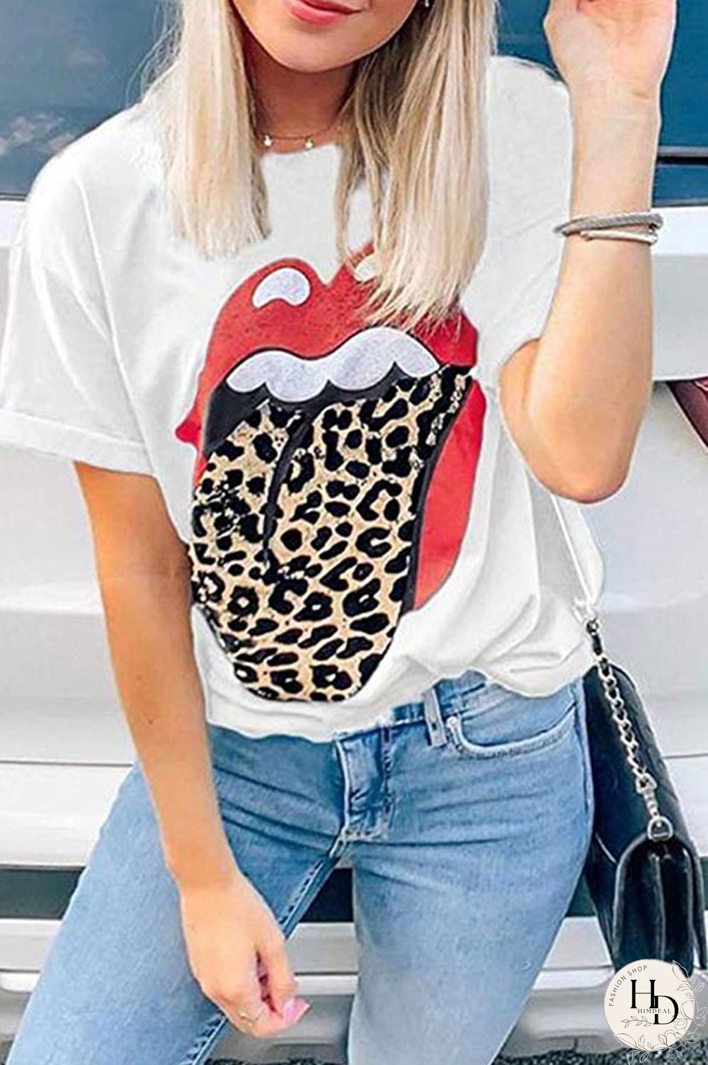Black White Black Grey O Neck Short Sleeve Patchwork Print Slim fit Lips Print Tops