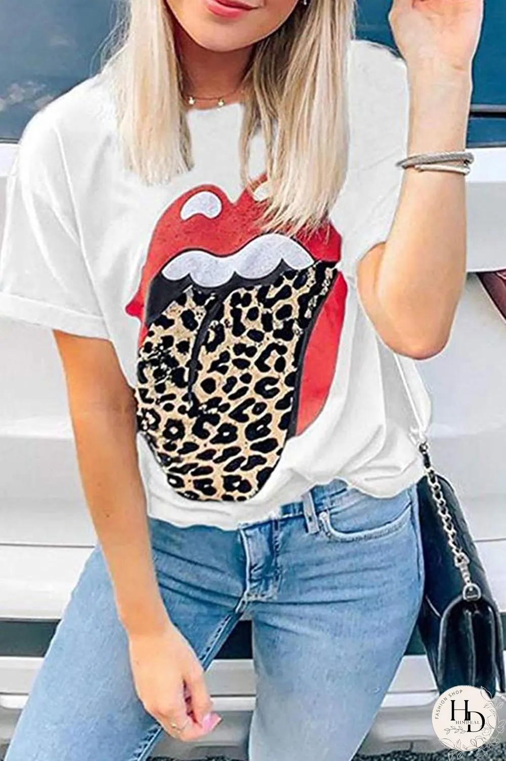 Black White Black Grey O Neck Short Sleeve Patchwork Print Slim fit Lips Print Tops