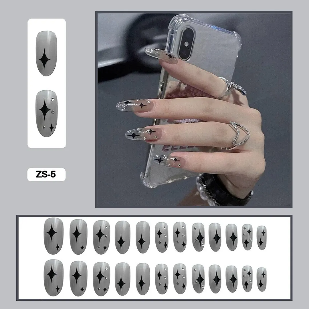 24PCS False Nails with Glue Rhinestones Long Trapezoid Detachable Pearl Stick on Nails Press on Nails Art With Wearing Tools-Nail Inspo
