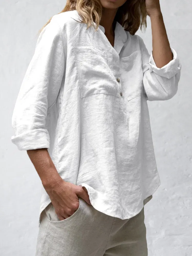 Patch Pockets Natural Linen Blouse