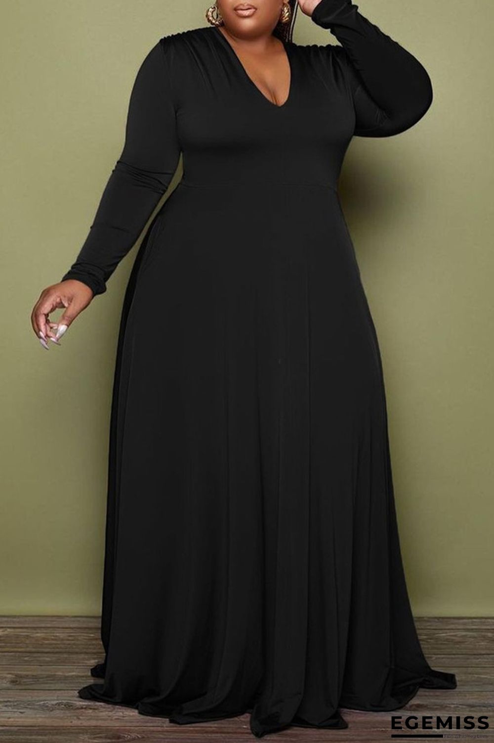 Black Casual Solid Patchwork V Neck Long Sleeve Plus Size Dresses | EGEMISS