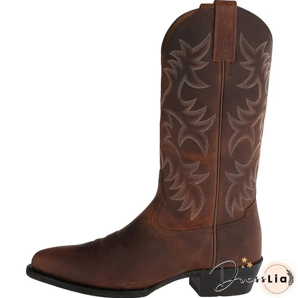 Mens Vintage Leather Mid Calf Boots Pointed Toe Western Cowboy Boots Man Retro Knee High Talll Boots Riding Boots Big Size 38-48 Botas