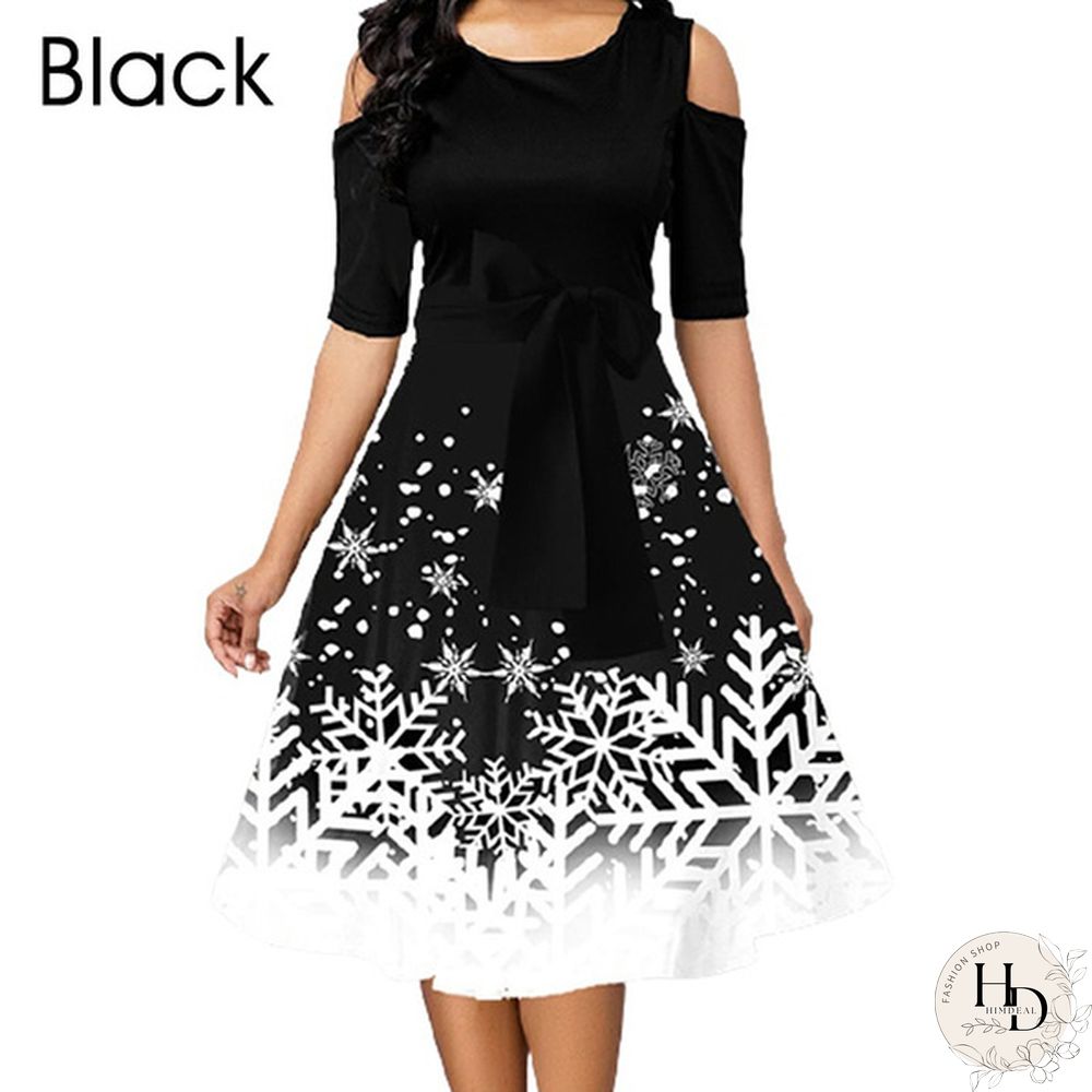 New Arrival Women Belted Snowflake Print Cold Shoulder Round Neck Elegant Dress Plus Size Fashion Christmas Party Dress S-5Xl