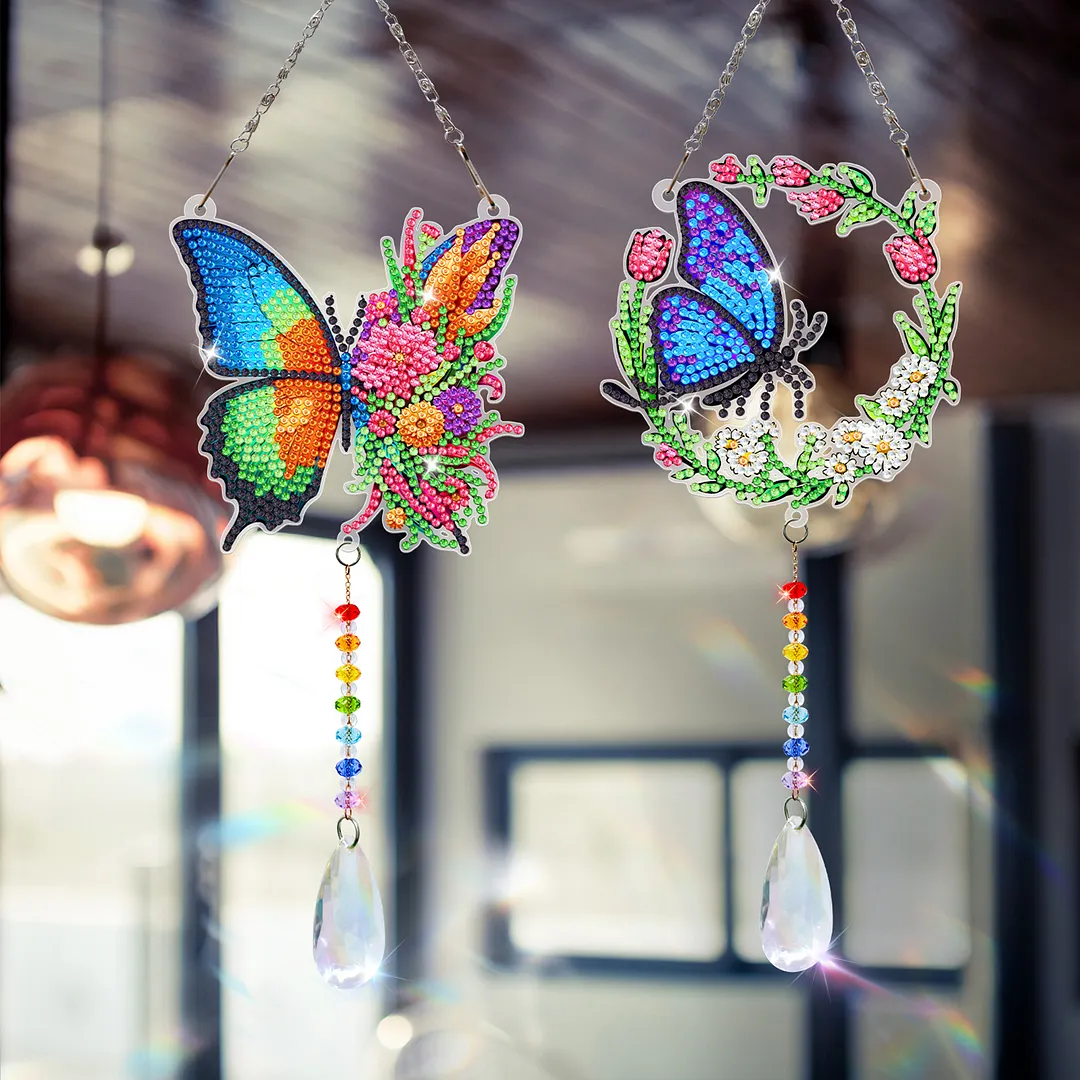 2Pcs Wreath Butterfly DIY Double-Sided Diamond Painting Hanging Kits Diamond Painting Suncatcher Craft Kit for Home Garden Wall Decor Gift