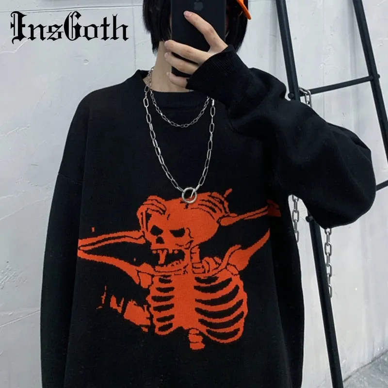 InsGoth Harajuku Loose Sweaters Women Gothic Punk Skull Pattern Oversized Sweater Long Sleeve Female Streetwear Knit Sweaters