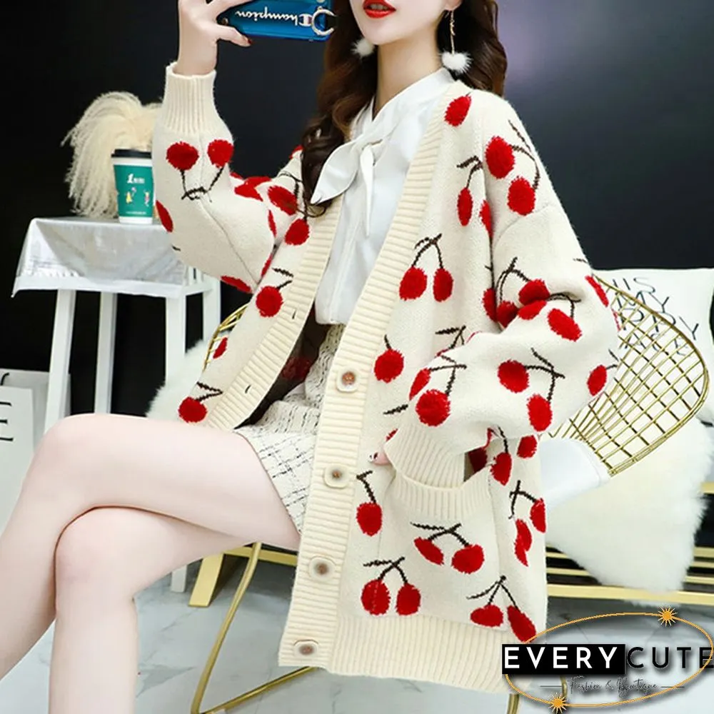 VANGULL Brand Women Fruit Printting Knitted Sweater Cardigans Single Breasted Long Sleeve Korean Style Loose Sweater Tops