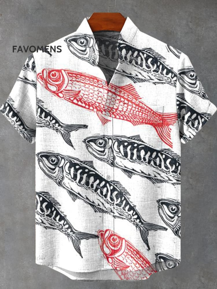 Black And Red Sardines Vintage Print Casual 100% Cotton Shirt Multicolor / S