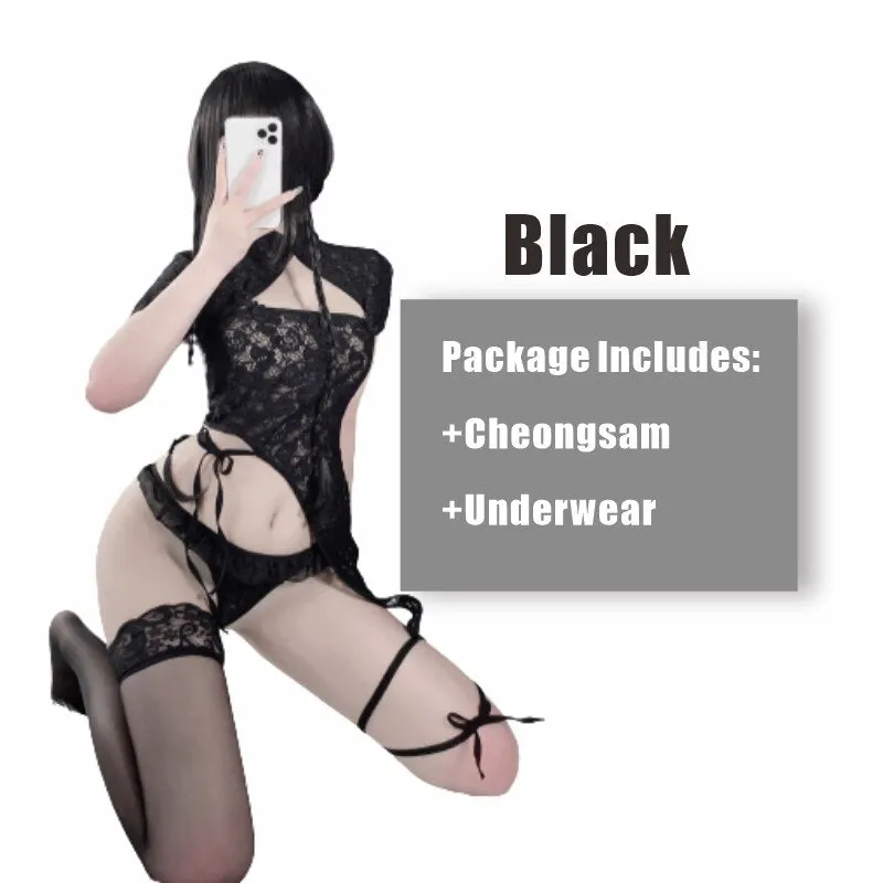 OJBK Sexy Lingerie Temptation Cheongsam Suit Chinese Qipao Uniform Lace Perspective Hollow out Charming Nightgowns Mini Dress
