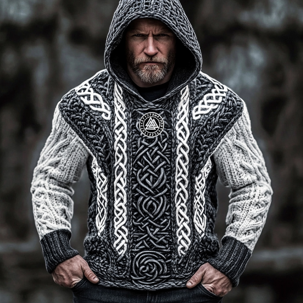 Men's Vintage Viking Runes Celtic Cozy Chunky Hooded Sweater