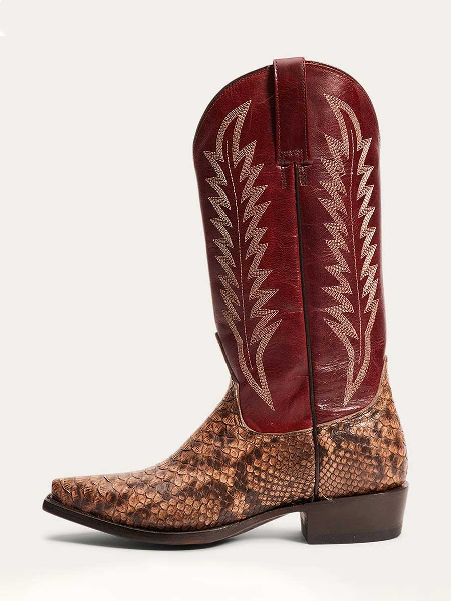 Maroon & Brown Python Embossed Mid-Calf Cowgirl Boots with Embroidery