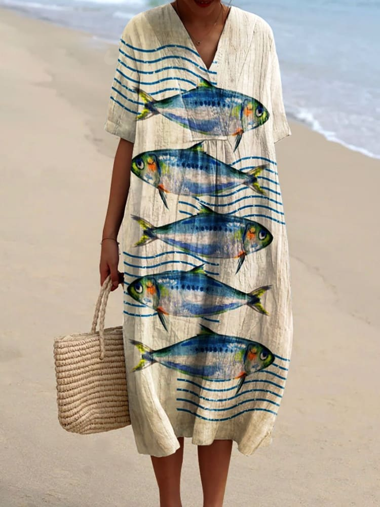 Vintage Sardines Fish Art Pattern Printed Women's Flowy Dress