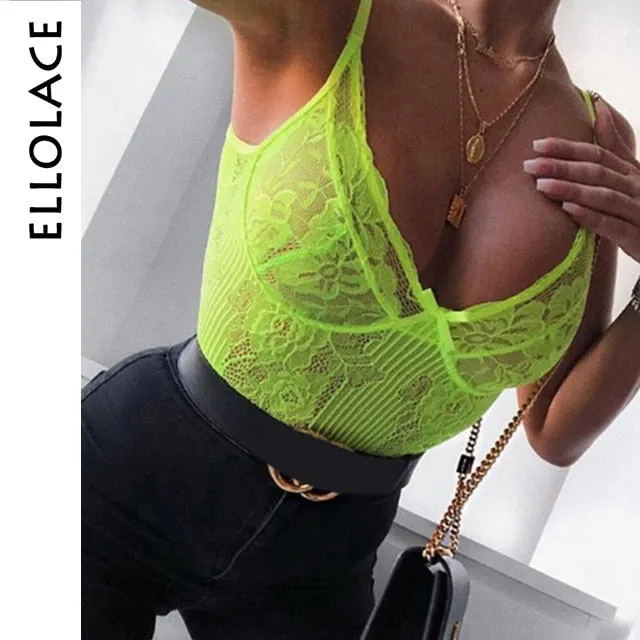 Ellolace Neon Summer 21 Colors Lace Bodysuit Women Floral Embroidery Bow Tie Transparent Sexy Bodysuit Jumpsuit Overalls Party 708