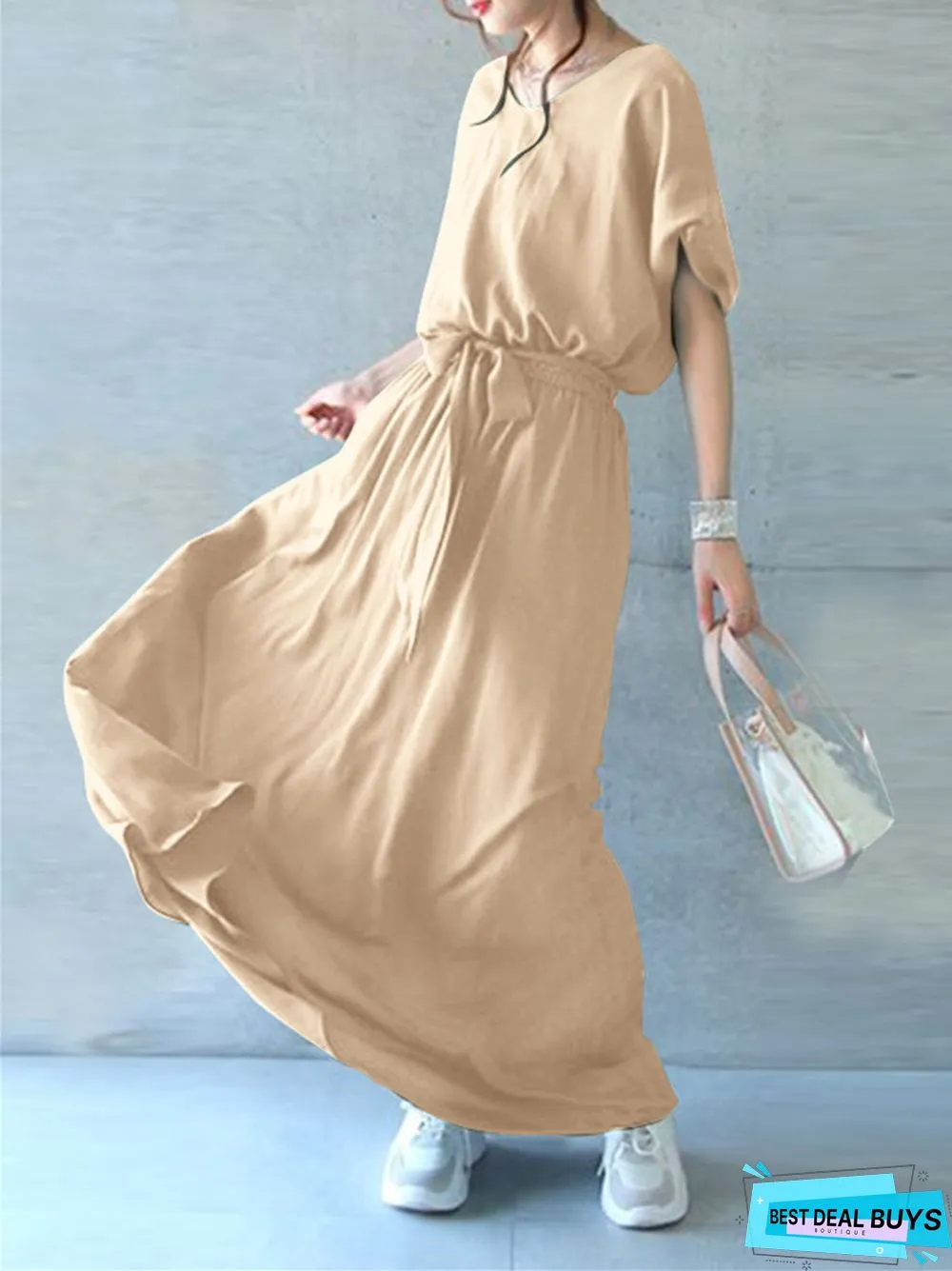 V-Neck Lace Up Waist Closed Short Sleeve Large Swing Loose Extra Long Floor Skirt Dress