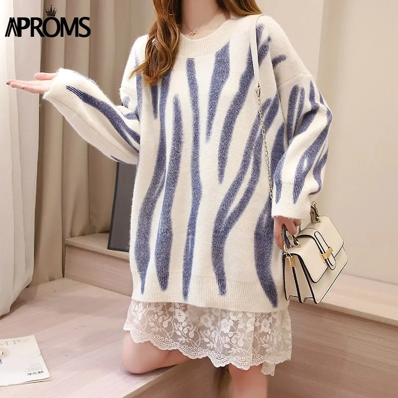 Aproms Korean Fashion Khaki Stripes Print Loose Sweaters Women Winter Hip-Pop Oversized Long Pullovers Streetwear Outerwear 2021