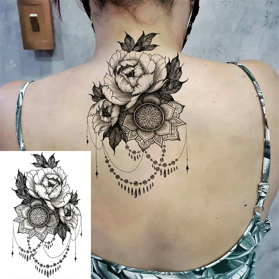 Flower Compass Temporary Tattoo For Women Girls Adult Rose Peony Tattoos Sticker Fake Black Floral Body Art Thigh Tatoos Paper