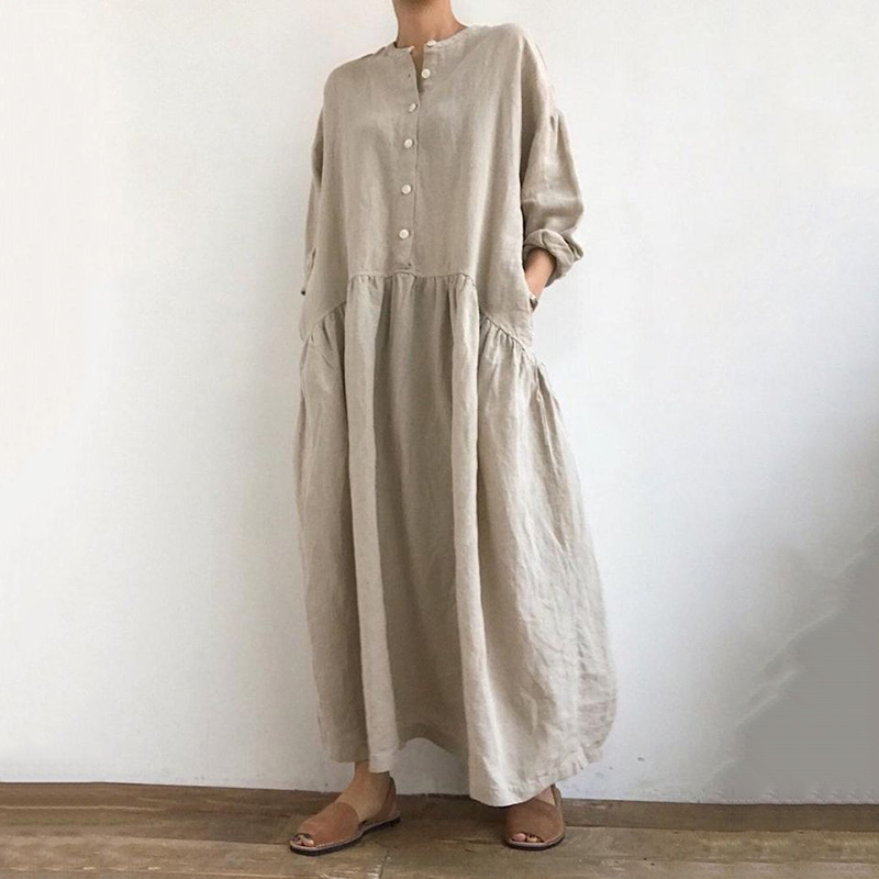 Women's Solid Color Button Cotton Linen Midi Dress