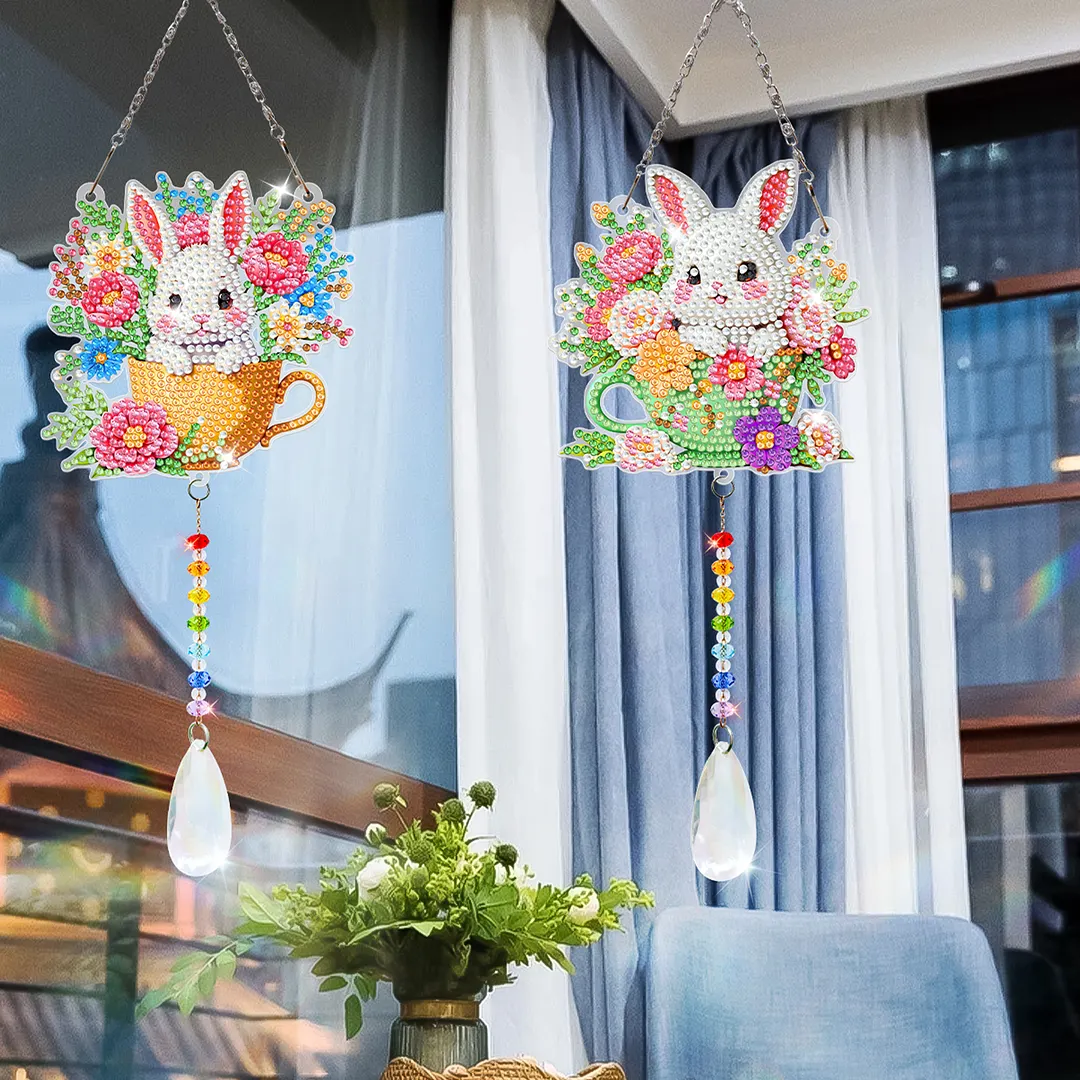 2Pcs Teacup Rabbit DIY Double-Sided Diamond Painting Hanging Kits Diamond Painting Suncatcher Craft Kit for Home Garden Wall Decor Gift