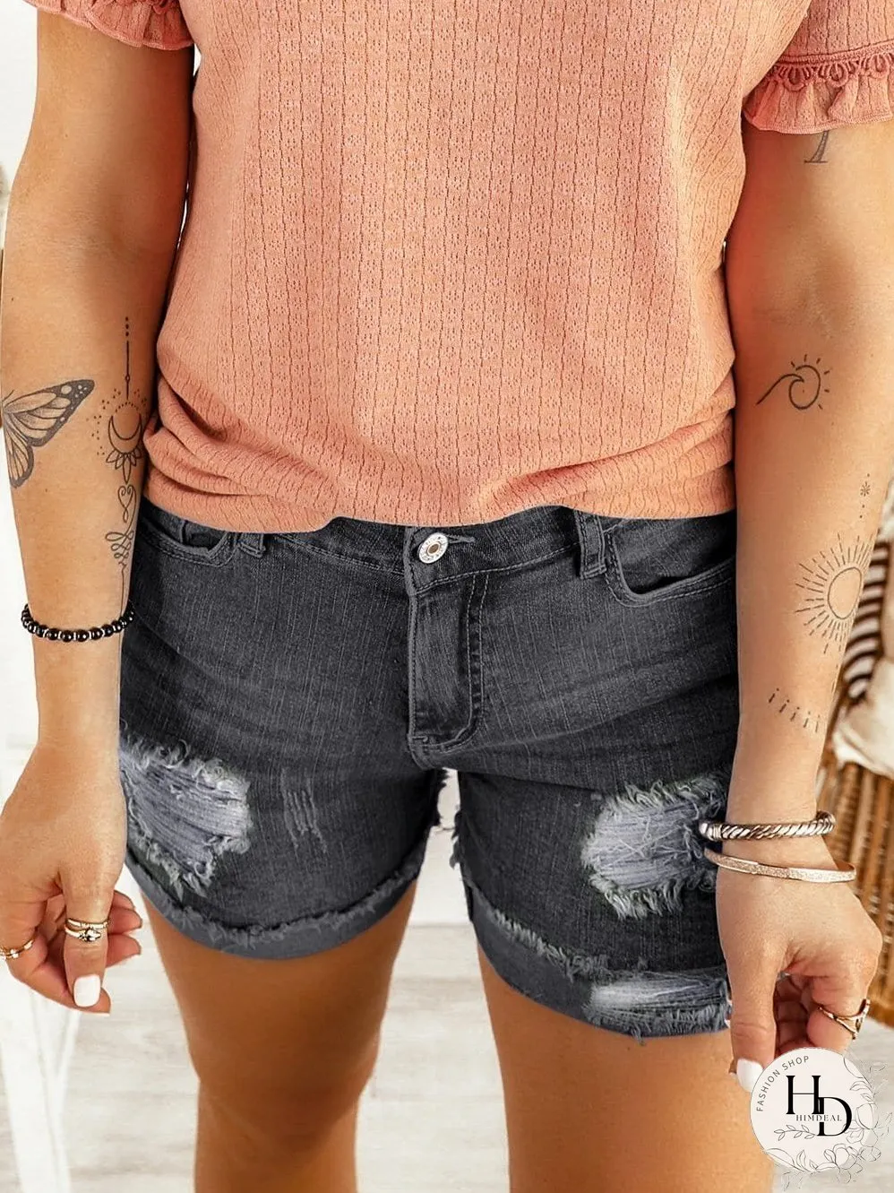 Vintage Chic Distressed Black Denim Shorts with Roll Hem
