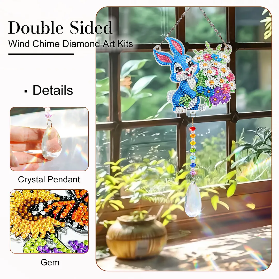 2Pcs Flower Rabbit DIY Double-Sided Diamond Painting Hanging Kits Diamond Painting Suncatcher Craft Kit for Home Garden Wall Decor Gift